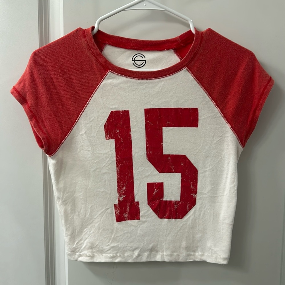 Women’s Social Culture Red and White Cropped Jersey Number Tshirt (L)